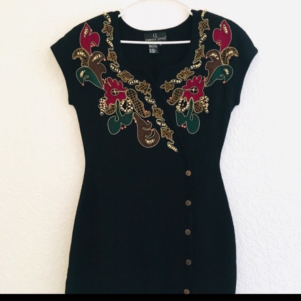 Vintage Carole Little Sweater Knit Dress Embroidery Beaded Button Dress Size M